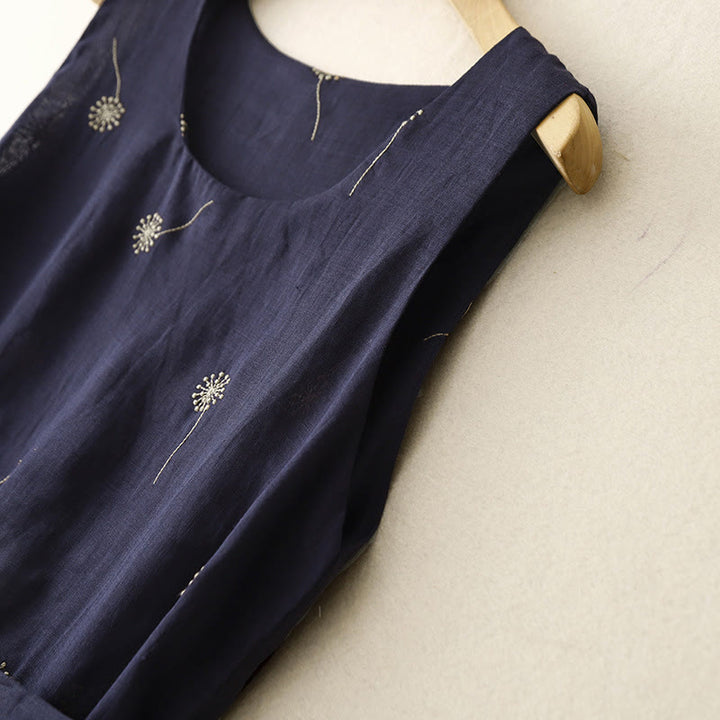 Abito midi senza maniche in cotone con stampa Buddha Stones , blu notte, allacciatura e tasche. - image 3
