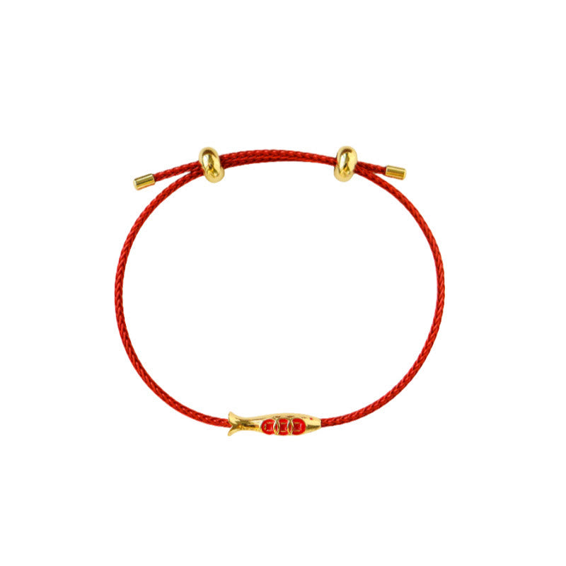 Bracciale della ricchezza in corda rossa con pesce koi in ottone e Buddha Stones