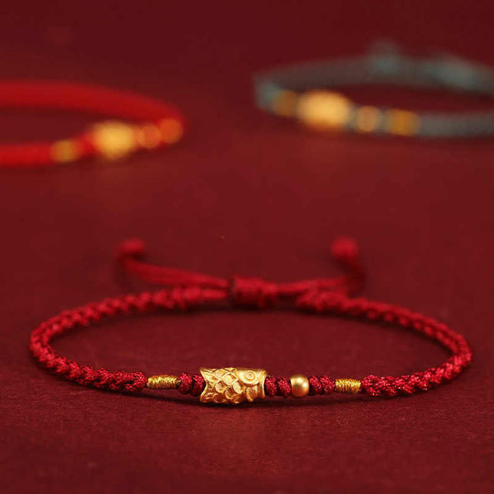 Braccialetto intrecciato fatto a mano con corda a forma di pesce koi, con Buddha Stones e oro 999, protezione dalla fortuna