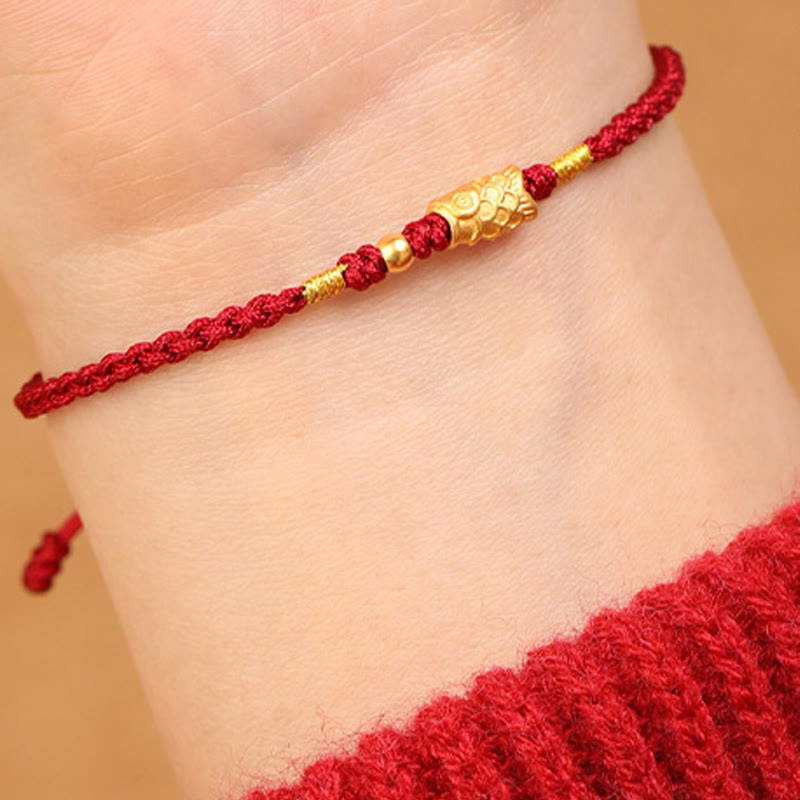 Braccialetto intrecciato fatto a mano con corda a forma di pesce koi, con Buddha Stones e oro 999, protezione dalla fortuna