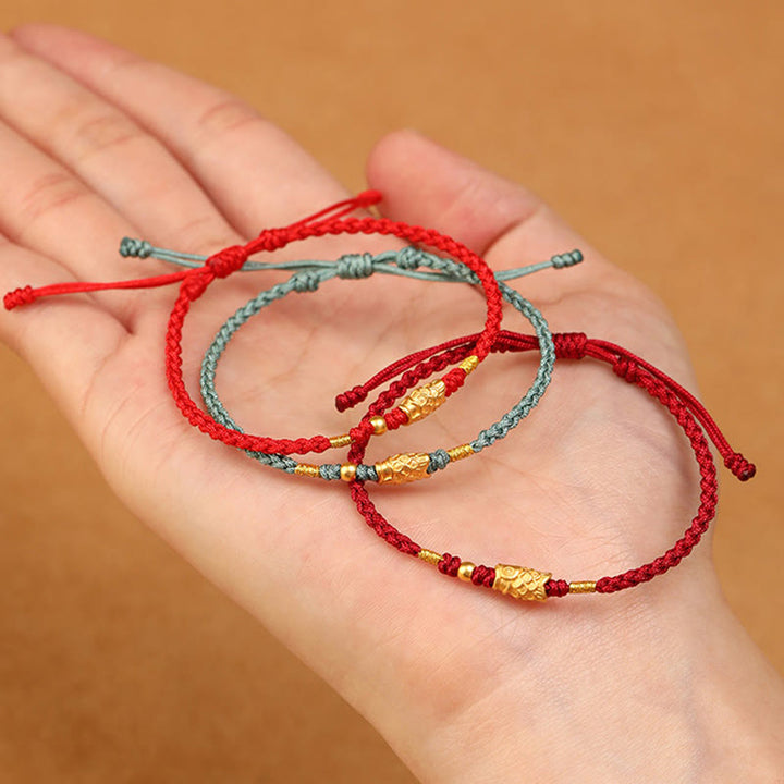 Braccialetto intrecciato fatto a mano con corda a forma di pesce koi, con Buddha Stones e oro 999, protezione dalla fortuna