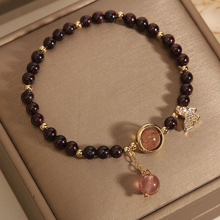 Bracciale Buddha Stones in quarzo fragola e granato naturale ultrasottile da 3 mm con effetto farfalla e calma