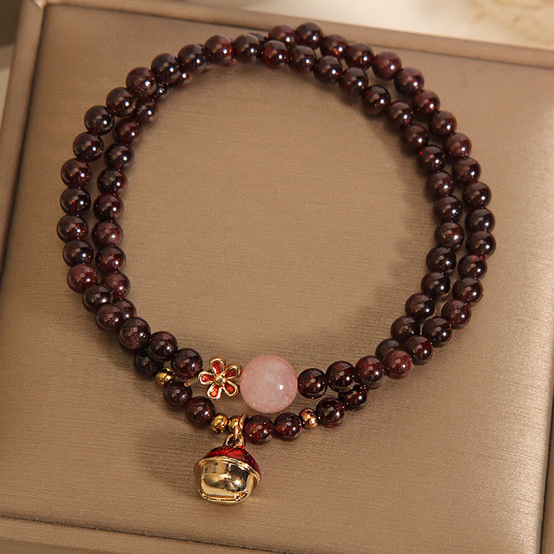 Braccialetto di protezione con campanella a forma di fiore, perline di quarzo rosa granato ultrasottili naturali da 3 mm Buddha Stones