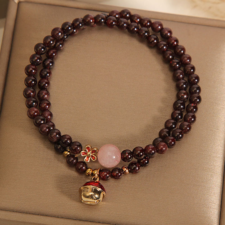 Braccialetto di protezione con campanella a forma di fiore, perline di quarzo rosa granato ultrasottili naturali da 3 mm Buddha Stones