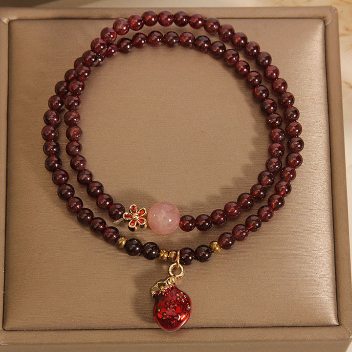 Braccialetto di protezione con campanella a forma di fiore, perline di quarzo rosa granato ultrasottili naturali da 3 mm Buddha Stones