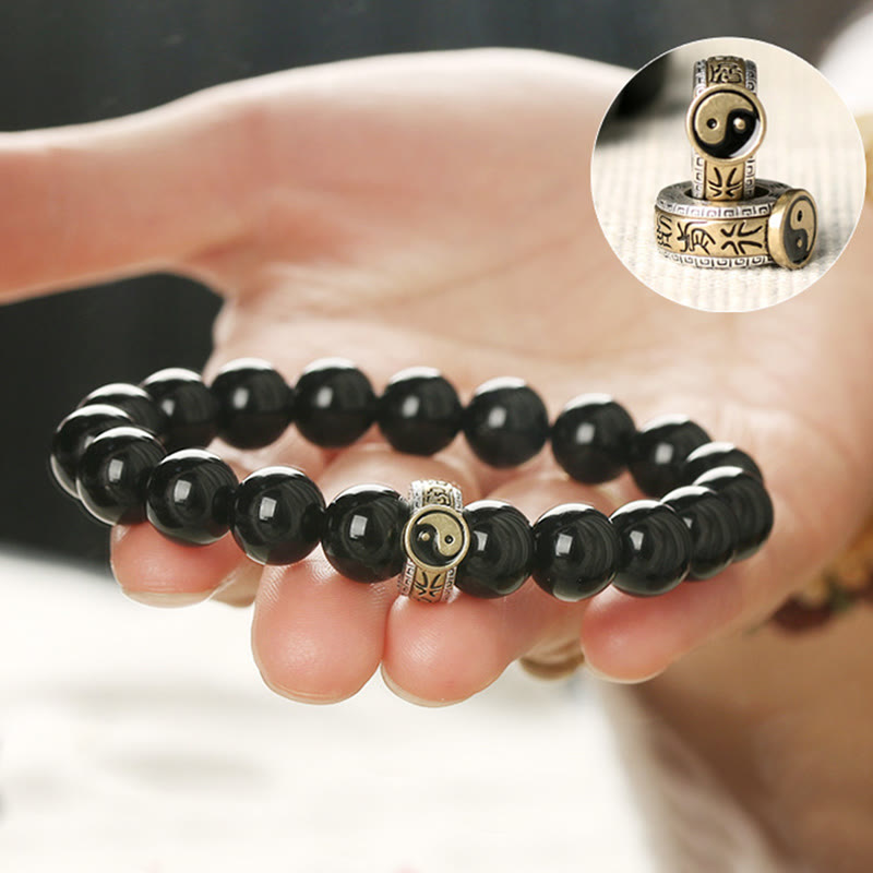 Braccialetto di adempimento del mantra dei nove caratteri Yin Yang in ossidiana nera Buddha Stones