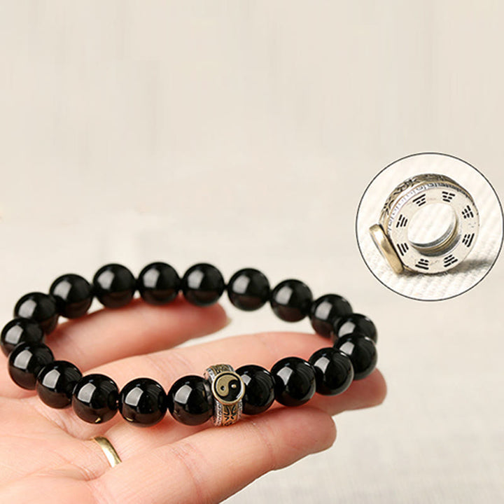 Braccialetto di adempimento del mantra dei nove caratteri Yin Yang in ossidiana nera Buddha Stones