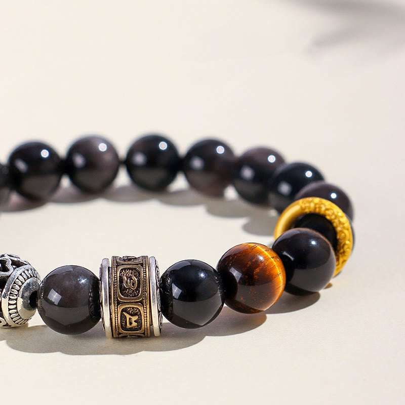 Bracciale di protezione Om Mani Padme Hum in ossidiana lucida color argento Buddha Stones