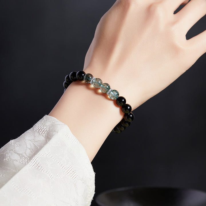 Bracciale Buddha Stones in argento sterling 925 con ossidiana nera e verde Phantom Strength