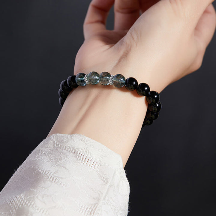 Bracciale Buddha Stones in argento sterling 925 con ossidiana nera e verde Phantom Strength
