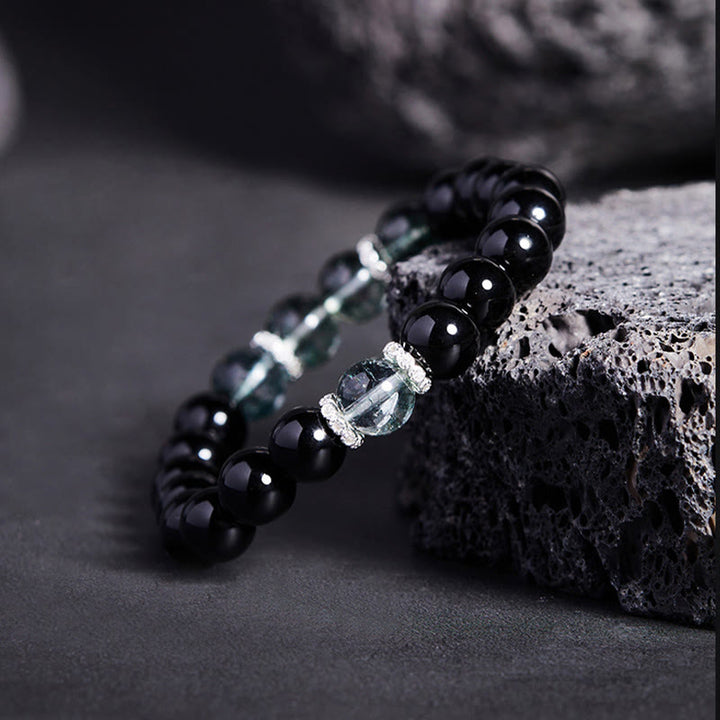Bracciale Buddha Stones in argento sterling 925 con ossidiana nera e verde Phantom Strength
