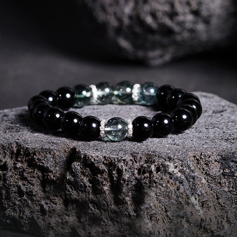 Bracciale Buddha Stones in argento sterling 925 con ossidiana nera e verde Phantom Strength - Ossidiana nera (Circonferenza del polso: 14-16 cm) - image 0