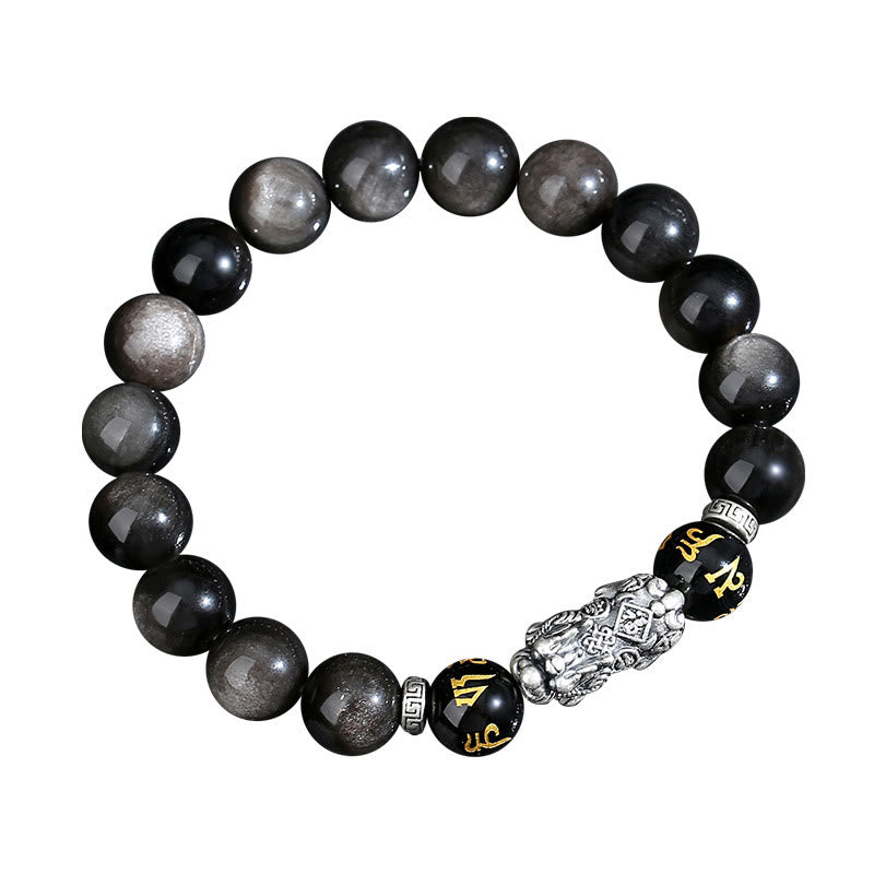 Bracciale Buddha Stones in argento sterling 999 PiXiu con ossidiana nera naturale