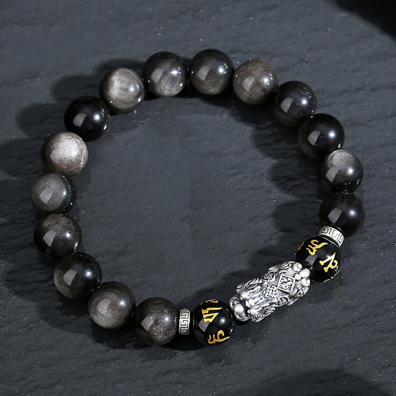 Bracciale Buddha Stones in argento sterling 999 PiXiu con ossidiana nera naturale