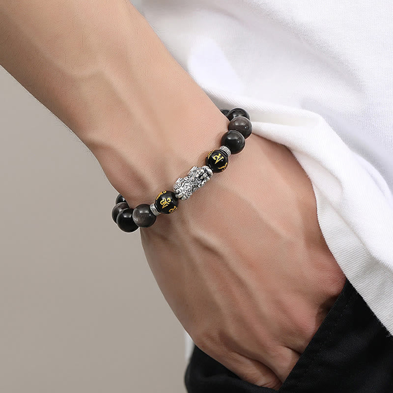 Bracciale Buddha Stones in argento sterling 999 PiXiu con ossidiana nera naturale