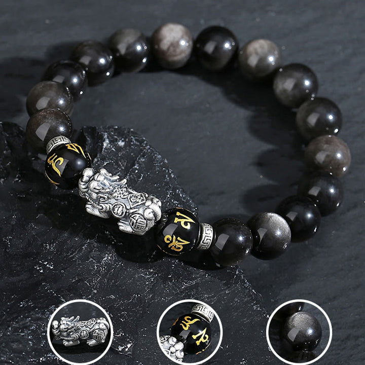 Bracciale Buddha Stones in argento sterling 999 PiXiu con ossidiana nera naturale