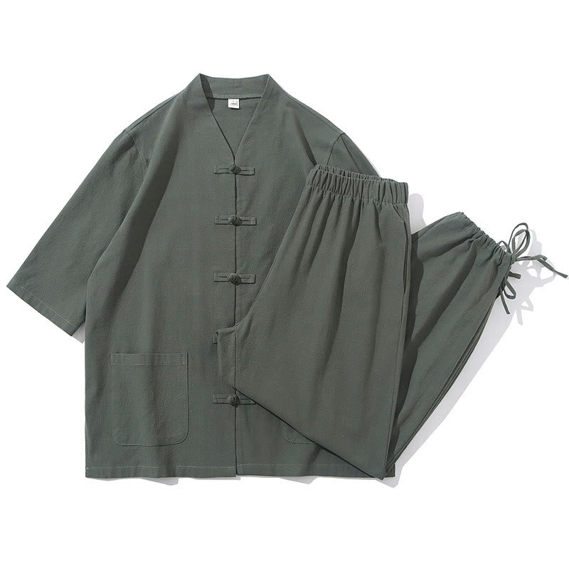 Set di 2 pezzi di tuta da uomo in cotone e lino con bottoni a rana, camicia e pantaloni con tasche, per meditazione, Buddha Stones