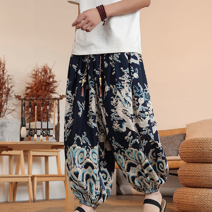Pantaloni harem da uomo in cotone con stampa drago Buddha Stones, alla caviglia, con tasche