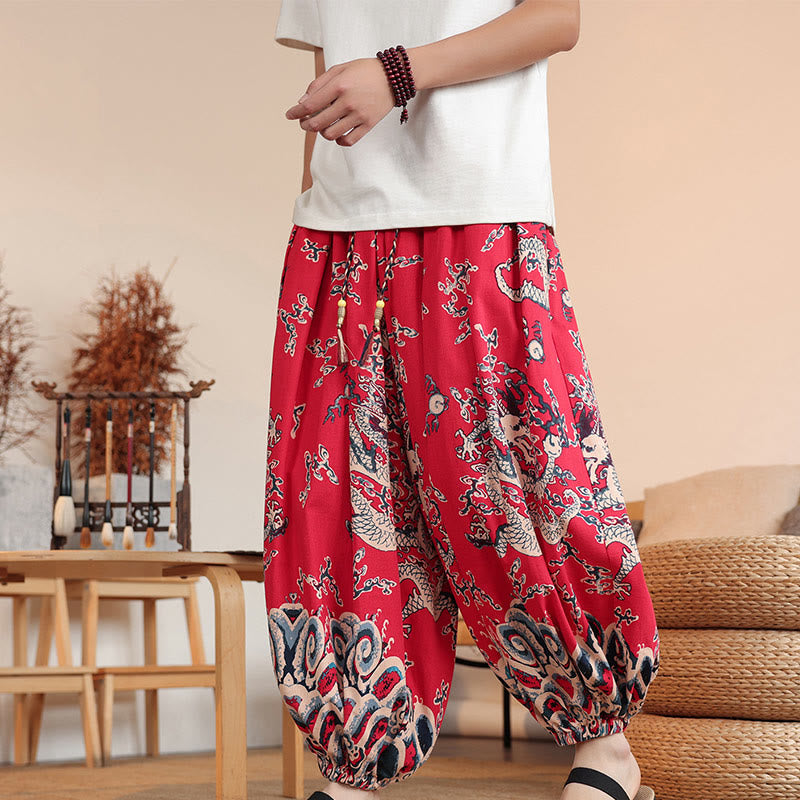 Pantaloni harem da uomo in cotone con stampa drago Buddha Stones, alla caviglia, con tasche