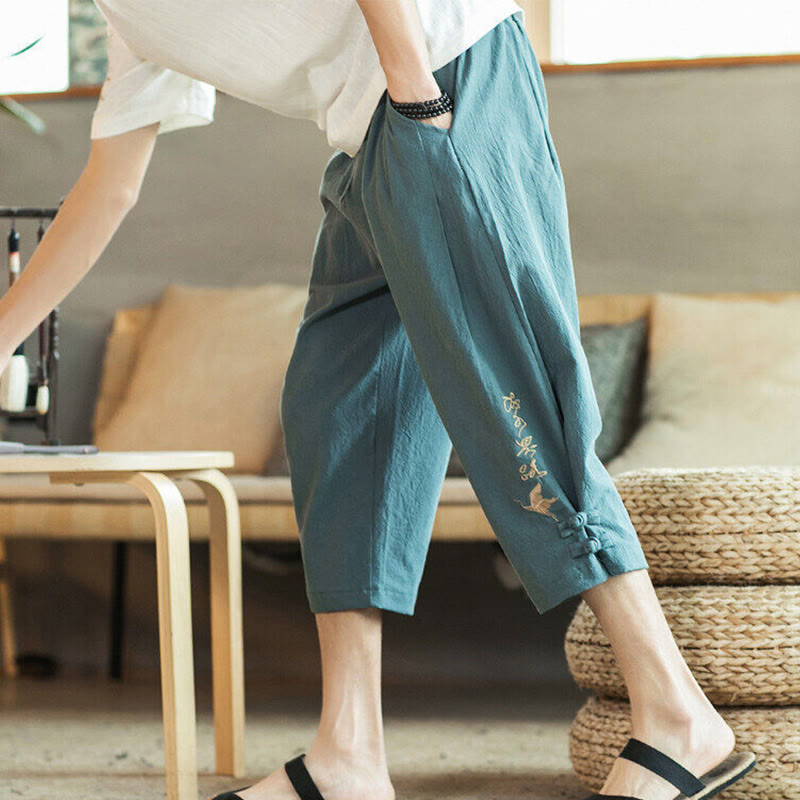 Buddha Stones Pantaloni harem da uomo in cotone con ricamo a gru e tasche - Cadetto Blu - US/UK/AU46, EU56 (5XL) - image 0