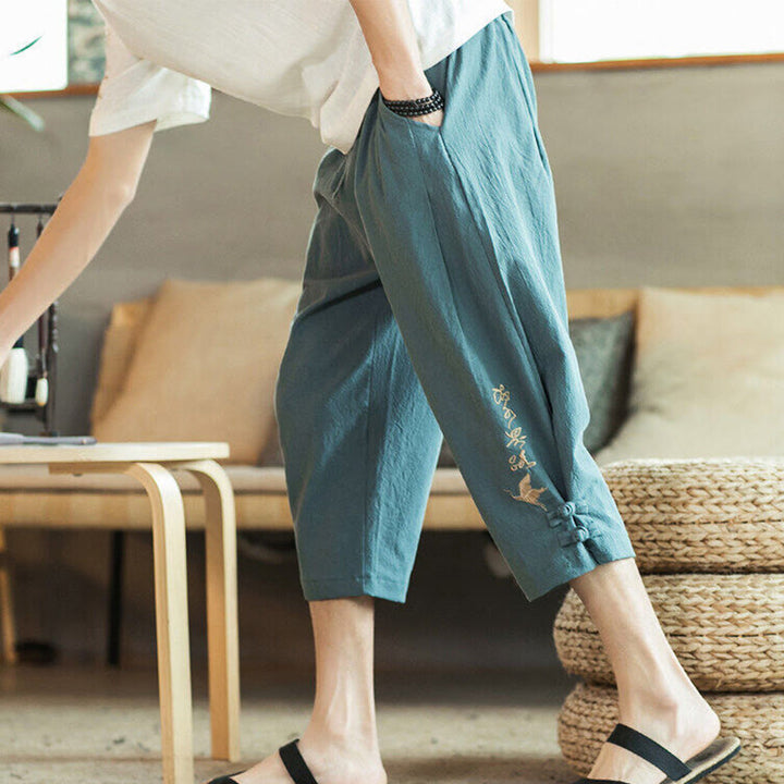 Buddha Stones Pantaloni harem da uomo in cotone con ricamo a gru e tasche - Cadetto Blu - US/UK/AU46, EU56 (5XL) - image 0