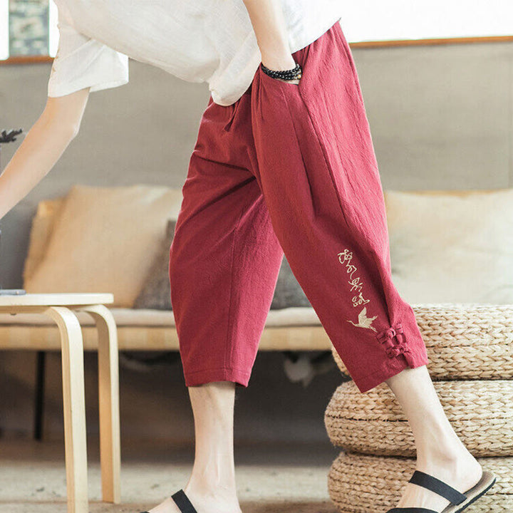 Buddha Stones Pantaloni harem da uomo in cotone con ricamo a gru e tasche - Rosso - US/UK/AU46, EU56 (5XL) - image 32