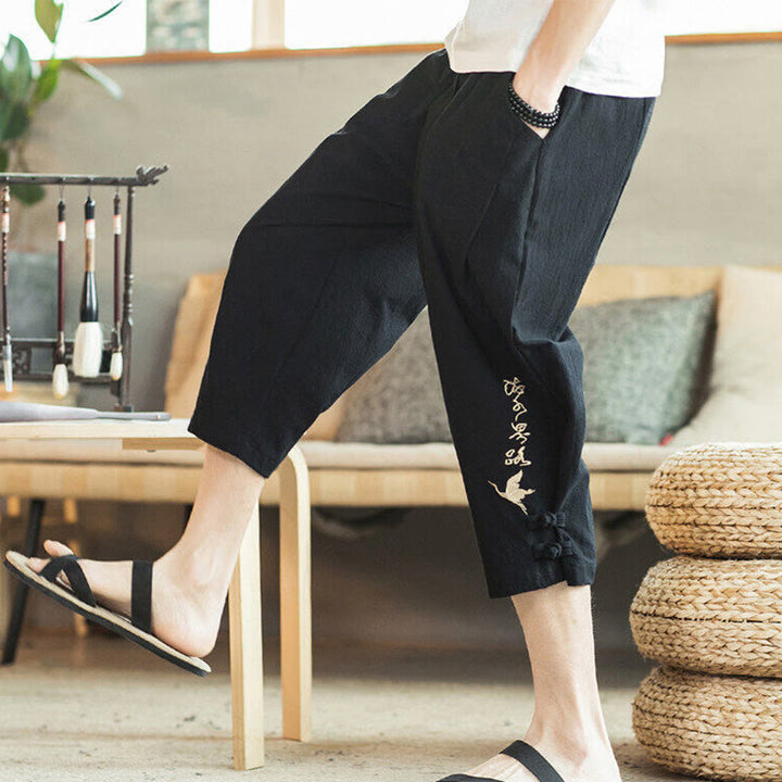 Buddha Stones Pantaloni harem da uomo in cotone con ricamo a gru e tasche - Nero - US/UK/AU46, EU56 (5XL) - image 22