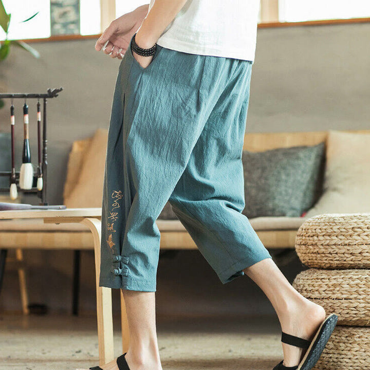 Buddha Stones Pantaloni harem da uomo in cotone con ricamo a gru e tasche - image 3