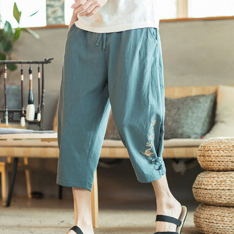 Buddha Stones Pantaloni harem da uomo in cotone con ricamo a gru e tasche - image 1