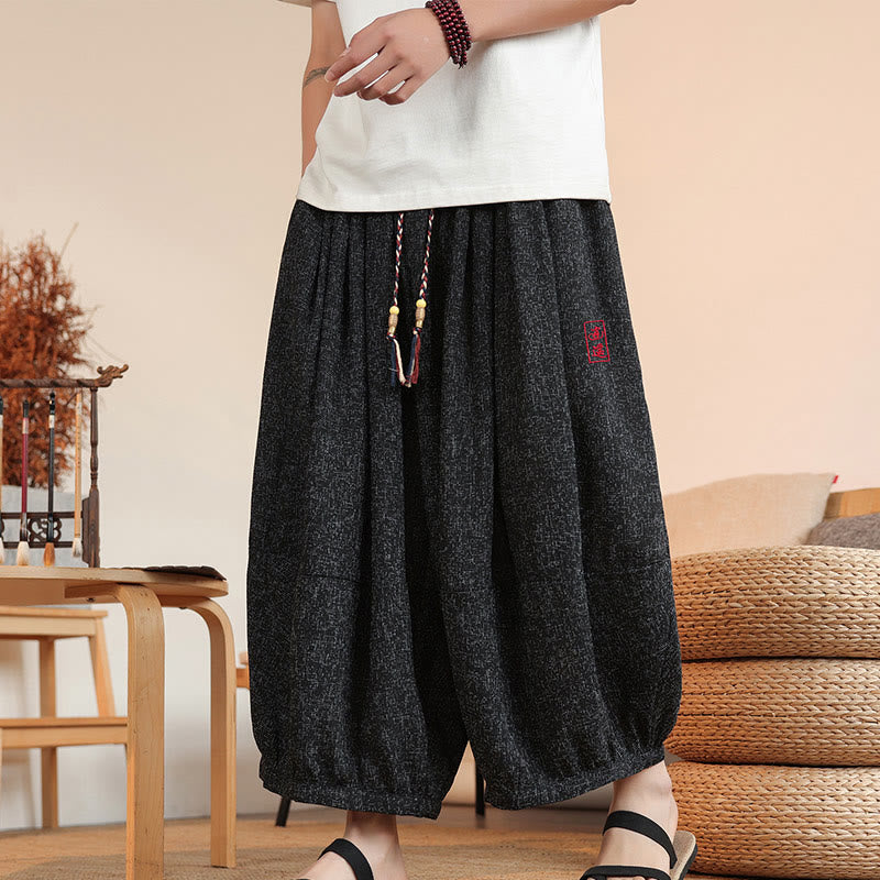 Pantaloni harem da uomo alla caviglia con coulisse, con ricamo Buddha Stones Summer Characters e tasche