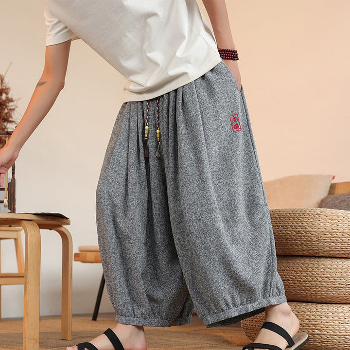 Pantaloni harem da uomo alla caviglia con coulisse, con ricamo Buddha Stones Summer Characters e tasche