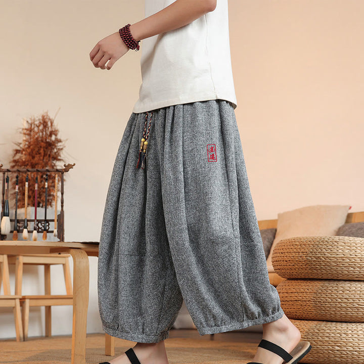 Pantaloni harem da uomo alla caviglia con coulisse, con ricamo Buddha Stones Summer Characters e tasche
