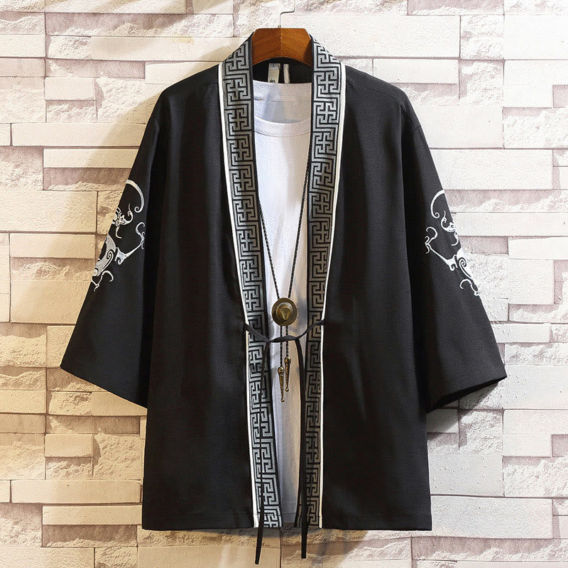 Giacca da uomo con kimono aperto sul davanti, ricamo di Buddha Stones, drago, fenice, nuvola di buon auspicio, onde, foglie, gru - Strisce di drago bianco-nero - US/UK/AU46, EU56 (5XL) - image 0