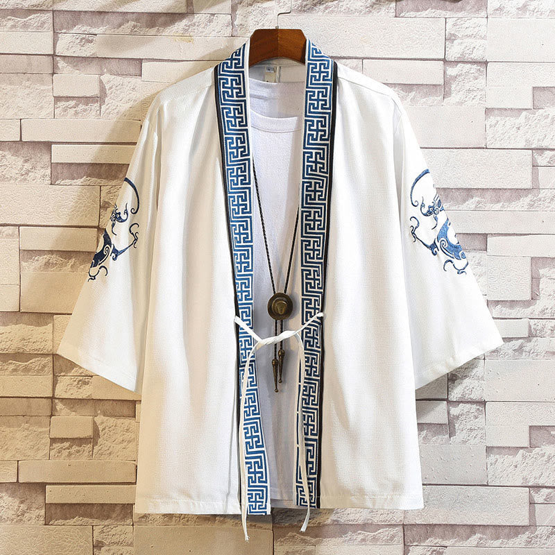 Giacca da uomo con kimono aperto sul davanti, ricamo di Buddha Stones, drago, fenice, nuvola di buon auspicio, onde, foglie, gru
