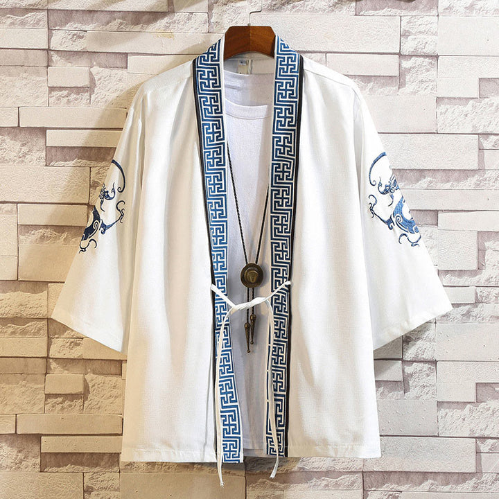 Giacca da uomo con kimono aperto sul davanti, ricamo di Buddha Stones, drago, fenice, nuvola di buon auspicio, onde, foglie, gru