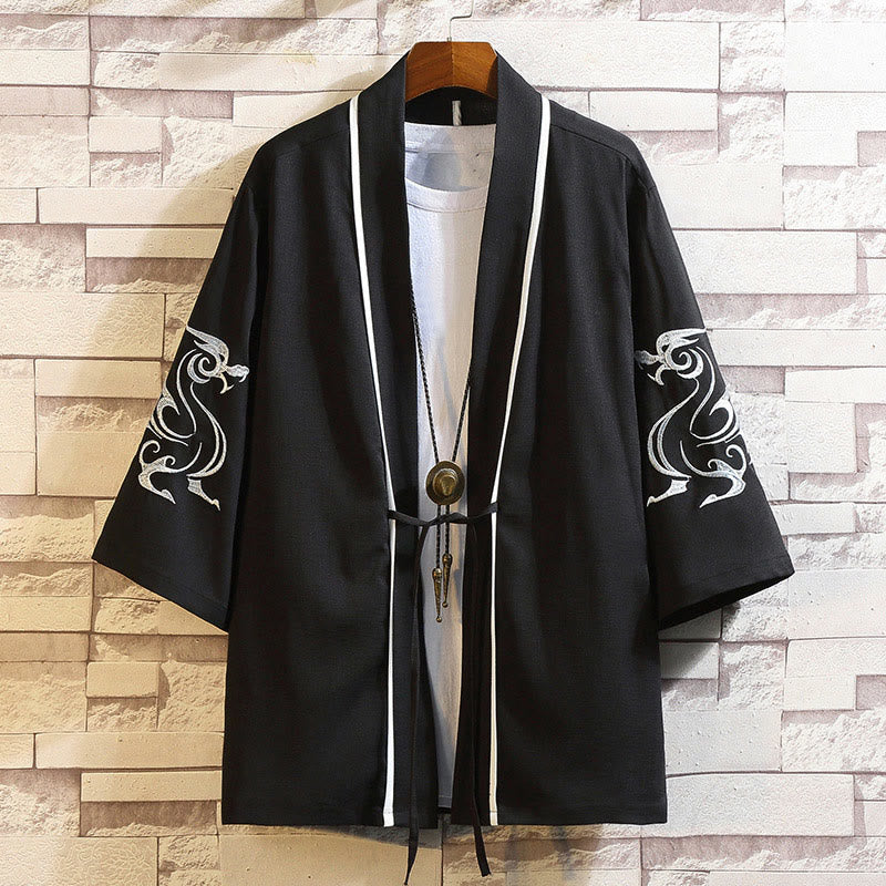 Giacca da uomo con kimono aperto sul davanti, ricamo di Buddha Stones, drago, fenice, nuvola di buon auspicio, onde, foglie, gru