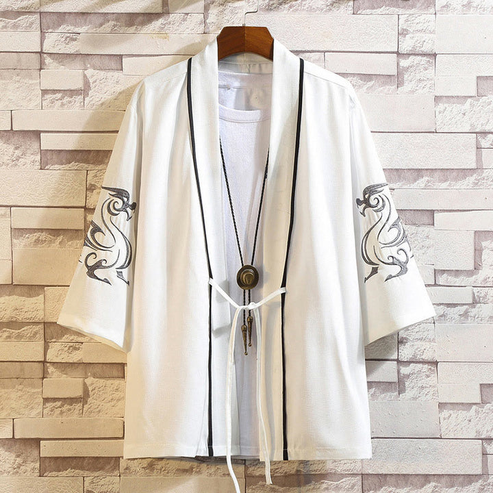 Giacca da uomo con kimono aperto sul davanti, ricamo di Buddha Stones, drago, fenice, nuvola di buon auspicio, onde, foglie, gru