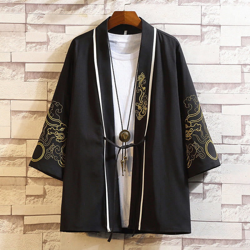 Giacca da uomo con kimono aperto sul davanti, ricamo di Buddha Stones, drago, fenice, nuvola di buon auspicio, onde, foglie, gru
