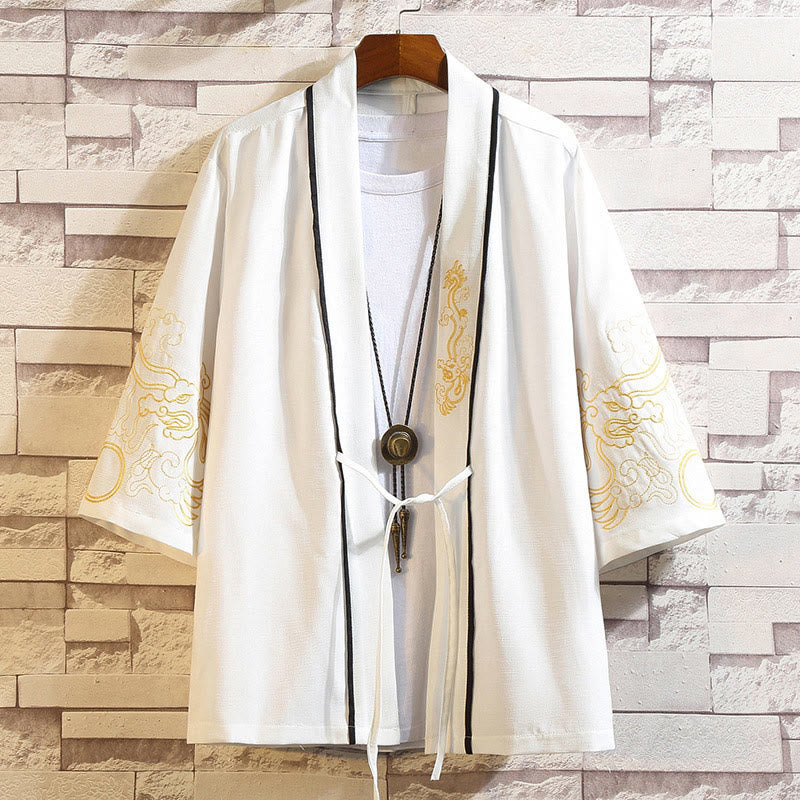 Giacca da uomo con kimono aperto sul davanti, ricamo di Buddha Stones, drago, fenice, nuvola di buon auspicio, onde, foglie, gru
