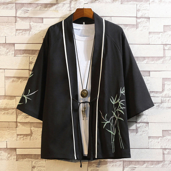 Giacca da uomo con kimono aperto sul davanti, ricamo di Buddha Stones, drago, fenice, nuvola di buon auspicio, onde, foglie, gru