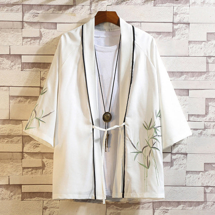Giacca da uomo con kimono aperto sul davanti, ricamo di Buddha Stones, drago, fenice, nuvola di buon auspicio, onde, foglie, gru
