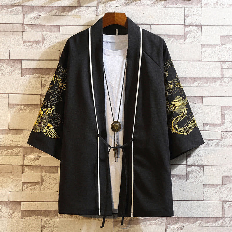 Giacca da uomo con kimono aperto sul davanti, ricamo di Buddha Stones, drago, fenice, nuvola di buon auspicio, onde, foglie, gru - Drago d'oro Fenice-Nero - US/UK/AU46, EU56 (5XL) - image 18