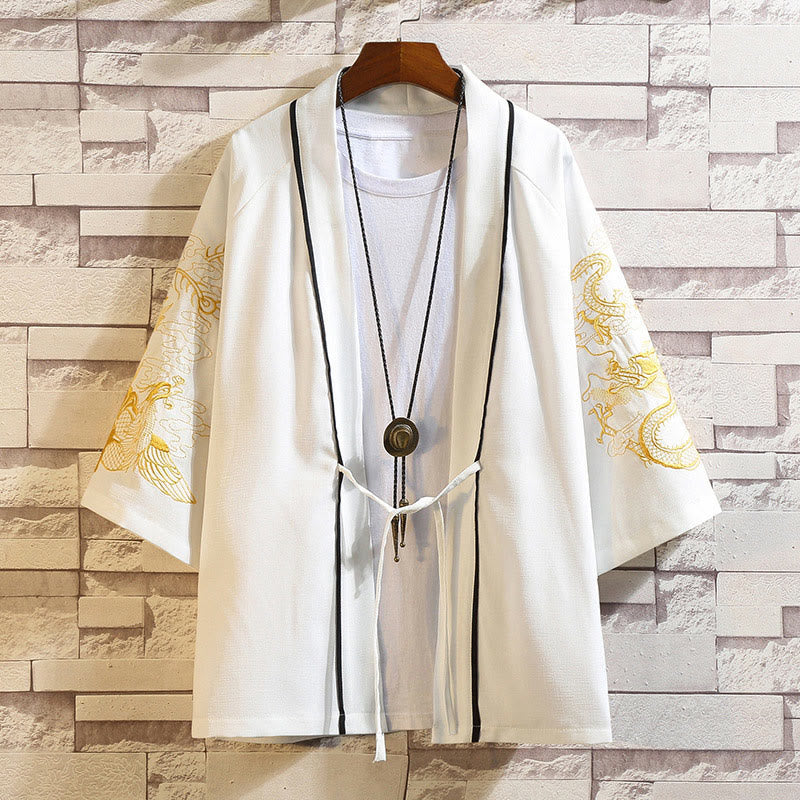 Giacca da uomo con kimono aperto sul davanti, ricamo di Buddha Stones, drago, fenice, nuvola di buon auspicio, onde, foglie, gru