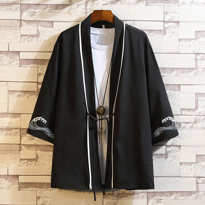 Giacca da uomo con kimono aperto sul davanti, ricamo di Buddha Stones, drago, fenice, nuvola di buon auspicio, onde, foglie, gru - Onde dell'oceano - Nero - US/UK/AU46, EU56 (5XL) - image 37