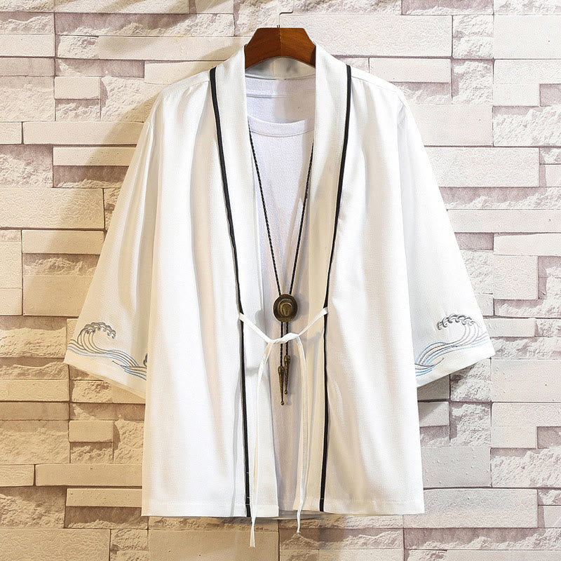 Giacca da uomo con kimono aperto sul davanti, ricamo di Buddha Stones, drago, fenice, nuvola di buon auspicio, onde, foglie, gru