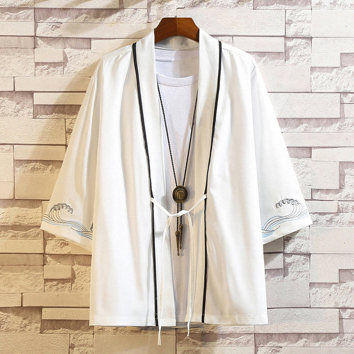 Giacca da uomo con kimono aperto sul davanti, ricamo di Buddha Stones, drago, fenice, nuvola di buon auspicio, onde, foglie, gru