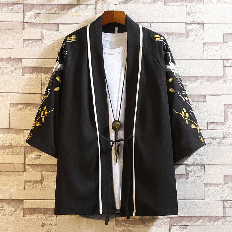 Giacca da uomo con kimono aperto sul davanti, ricamo di Buddha Stones, drago, fenice, nuvola di buon auspicio, onde, foglie, gru