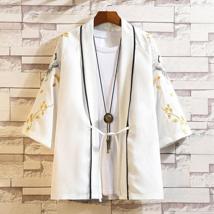 Giacca da uomo con kimono aperto sul davanti, ricamo di Buddha Stones, drago, fenice, nuvola di buon auspicio, onde, foglie, gru