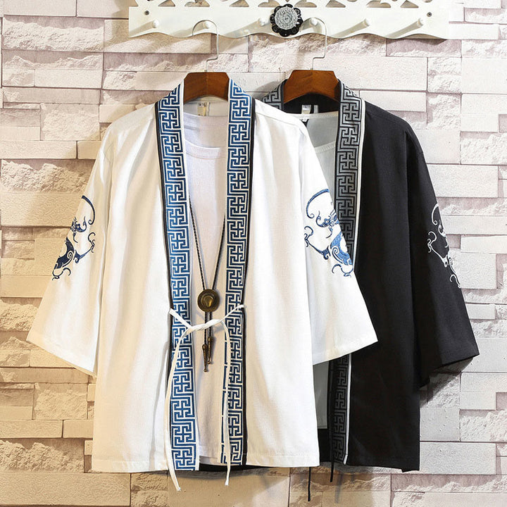 Giacca da uomo con kimono aperto sul davanti, ricamo di Buddha Stones, drago, fenice, nuvola di buon auspicio, onde, foglie, gru