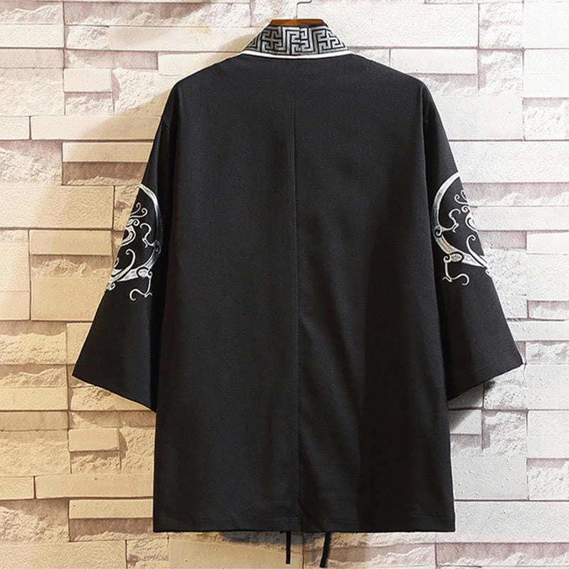 Giacca da uomo con kimono aperto sul davanti, ricamo di Buddha Stones, drago, fenice, nuvola di buon auspicio, onde, foglie, gru